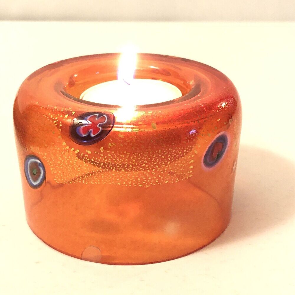 Orange Clear Art Glass Tealight Votive Candle Holder Hand Blown Millefiore